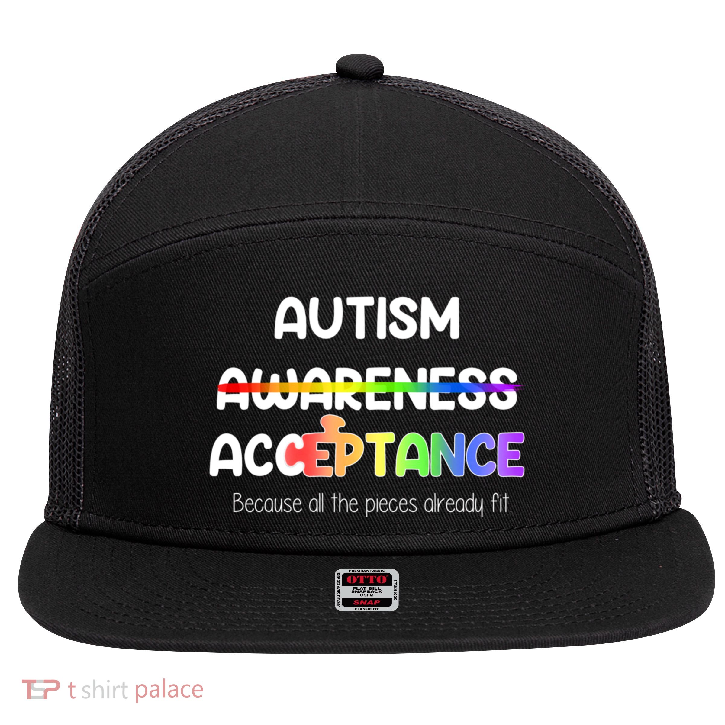 Autism Awareness Acceptance All The Pieces 7 Panel Mesh Trucker Snapback Hat
