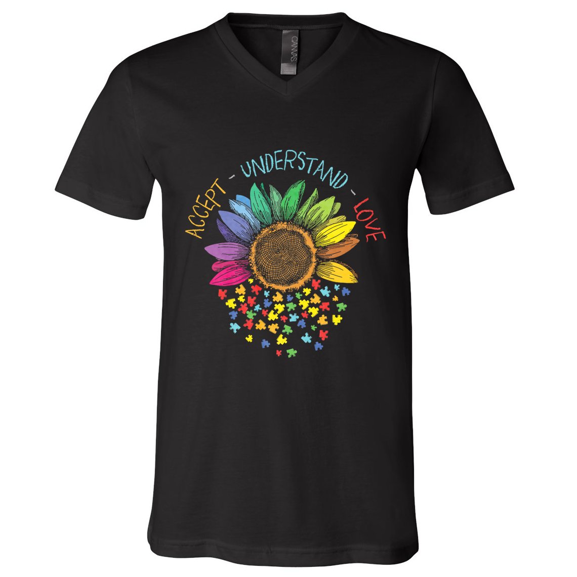 Autism Awareness Accept Understand Love Asd Rainbow Flower V-Neck T-Shirt