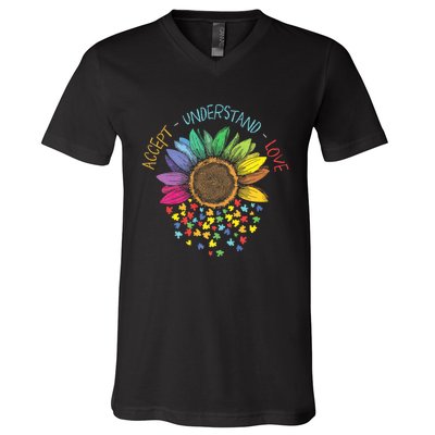 Autism Awareness Accept Understand Love Asd Rainbow Flower V-Neck T-Shirt