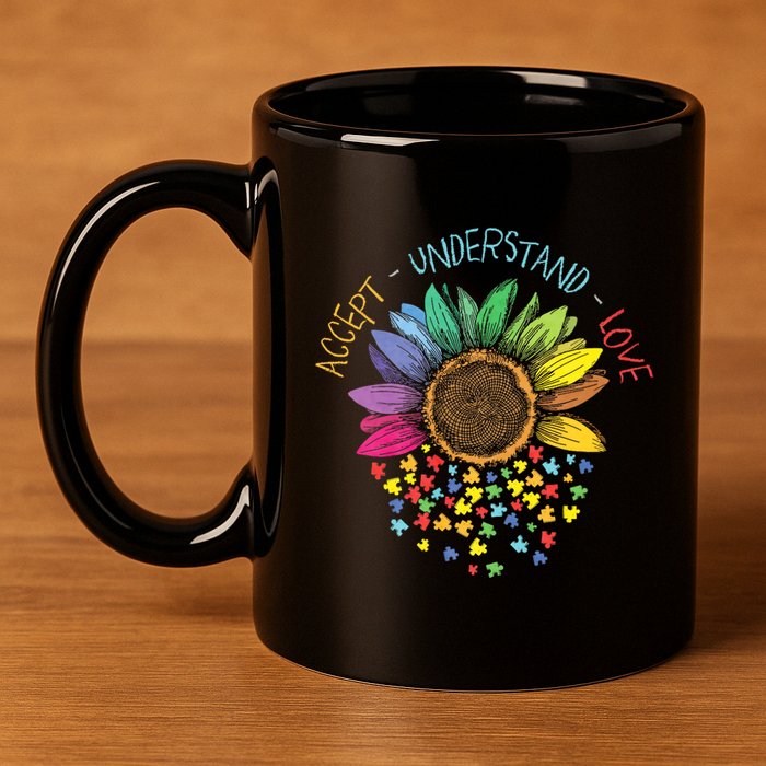 Autism Awareness Accept Understand Love Asd Rainbow Flower 11oz C Handle Ceramic Mug