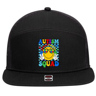 Autism Awareness Autism Squad Support Smile Face Women  7 Panel Mesh Trucker Snapback Hat