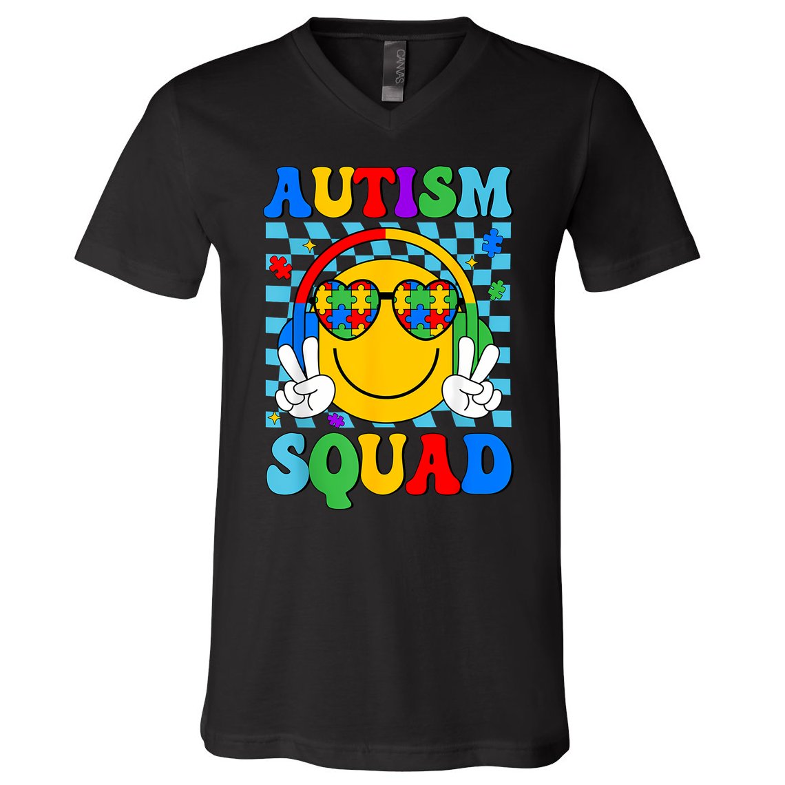 Autism Awareness Autism Squad Support Smile Face Women  V-Neck T-Shirt