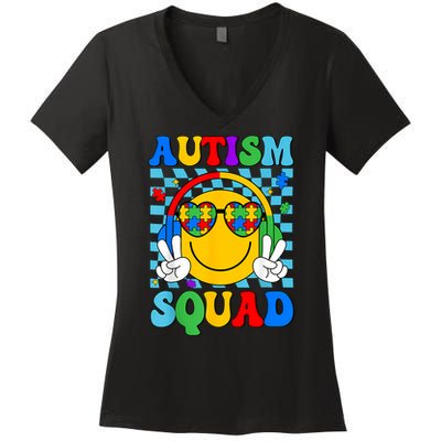 Autism Awareness Autism Squad Support Smile Face Women  Women's V-Neck T-Shirt