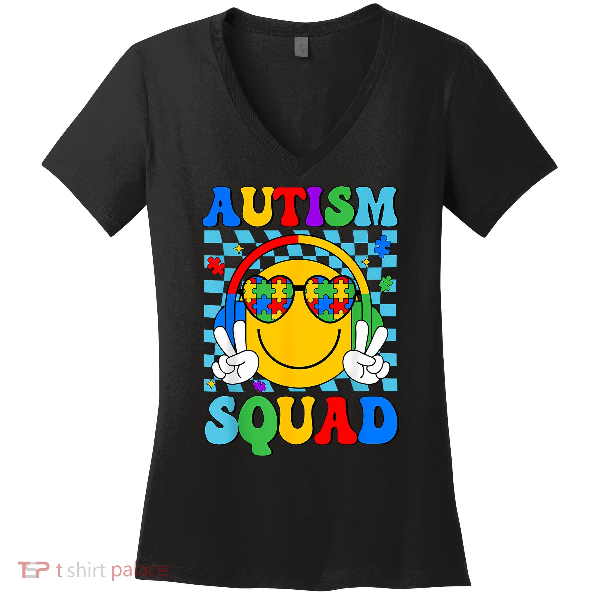 Autism Awareness Autism Squad Support Smile Face Women  Women's V-Neck T-Shirt