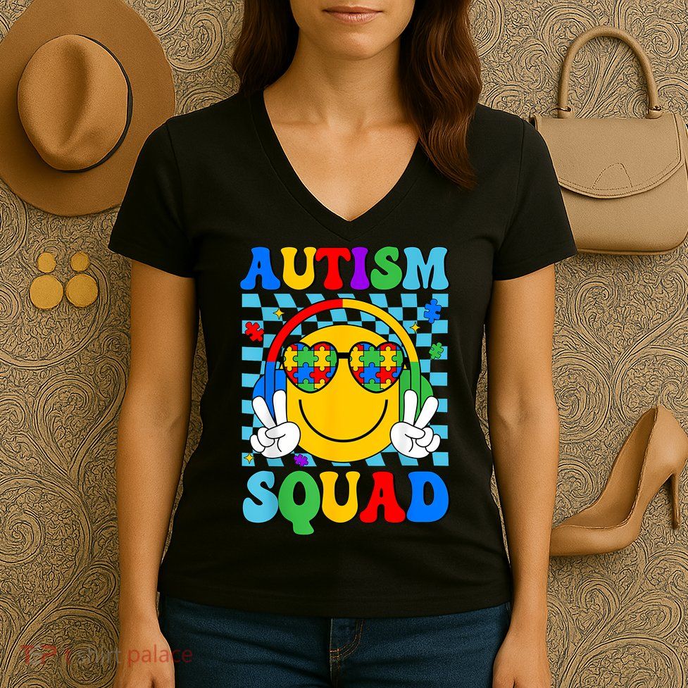 Autism Awareness Autism Squad Support Smile Face Women  Women's V-Neck T-Shirt