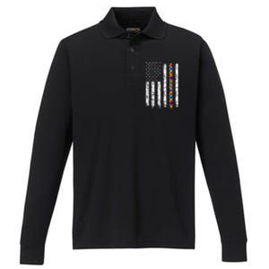 Autism Awareness American Flag Performance Long Sleeve Polo