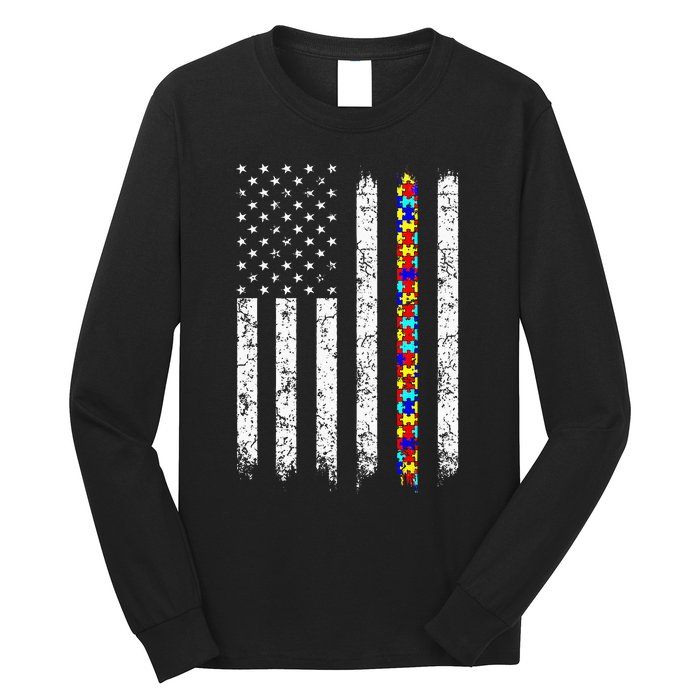 Autism Awareness American Flag Long Sleeve Shirt