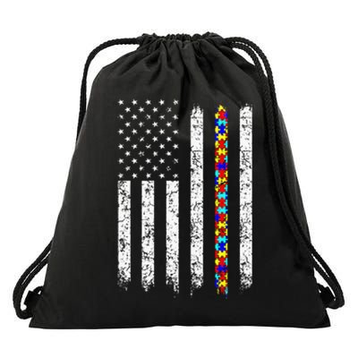 Autism Awareness American Flag Drawstring Bag