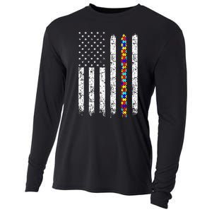 Autism Awareness American Flag Cooling Performance Long Sleeve Crew