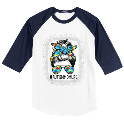 Autism Awareness Autism Mom Life Messy Hair Bun Mother's Day Gift Baseball Sleeve Shirt