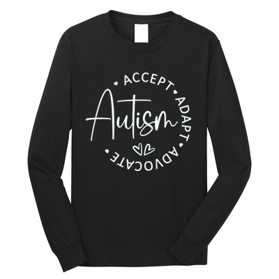 Autism Accept Adapt Advocate White Long Sleeve Shirt