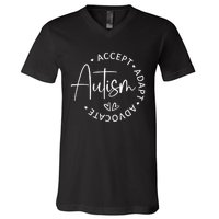 Autism Accept Adapt Advocate White V-Neck T-Shirt