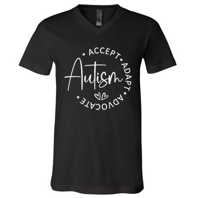 Autism Accept Adapt Advocate White V-Neck T-Shirt