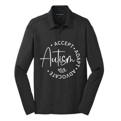 Autism Accept Adapt Advocate White Silk Touch Performance Long Sleeve Polo