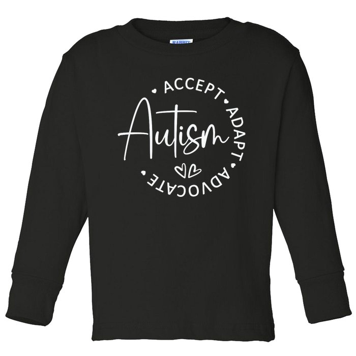 Autism Accept Adapt Advocate White Toddler Long Sleeve Shirt