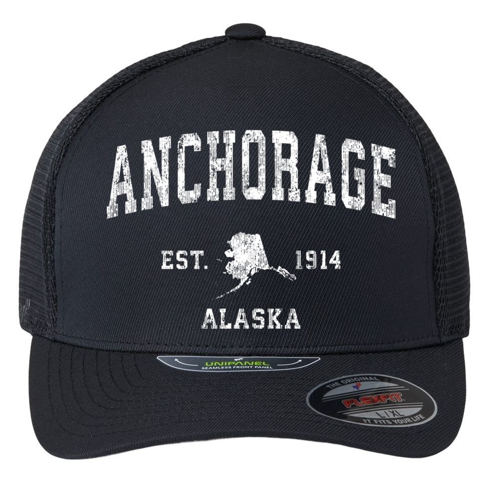 Anchorage Alaska Ak Vintage Athletic Sports Design Flexfit Unipanel Trucker Cap