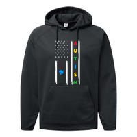 Autism Awareness American Flag Autism Awareness Puzzle Performance Fleece Hoodie