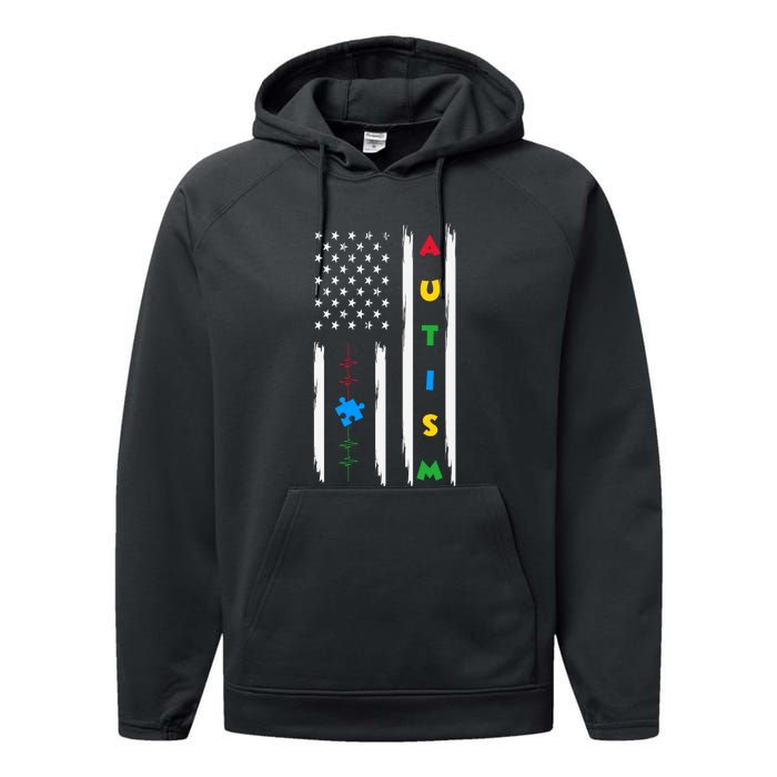 Autism Awareness American Flag Autism Awareness Puzzle Performance Fleece Hoodie