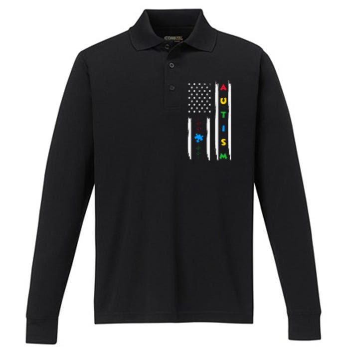 Autism Awareness American Flag Autism Awareness Puzzle Performance Long Sleeve Polo