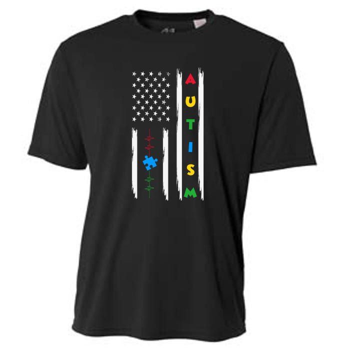 Autism Awareness American Flag Autism Awareness Puzzle Cooling Performance Crew T-Shirt