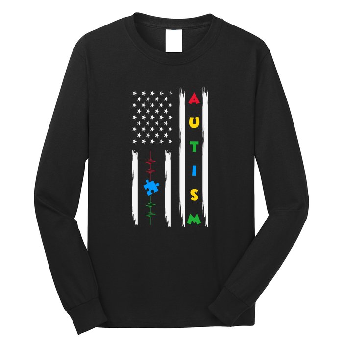 Autism Awareness American Flag Autism Awareness Puzzle Long Sleeve Shirt