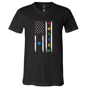 Autism Awareness American Flag Autism Awareness Puzzle V-Neck T-Shirt