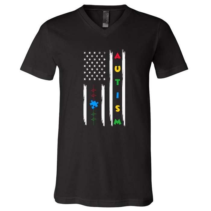 Autism Awareness American Flag Autism Awareness Puzzle V-Neck T-Shirt