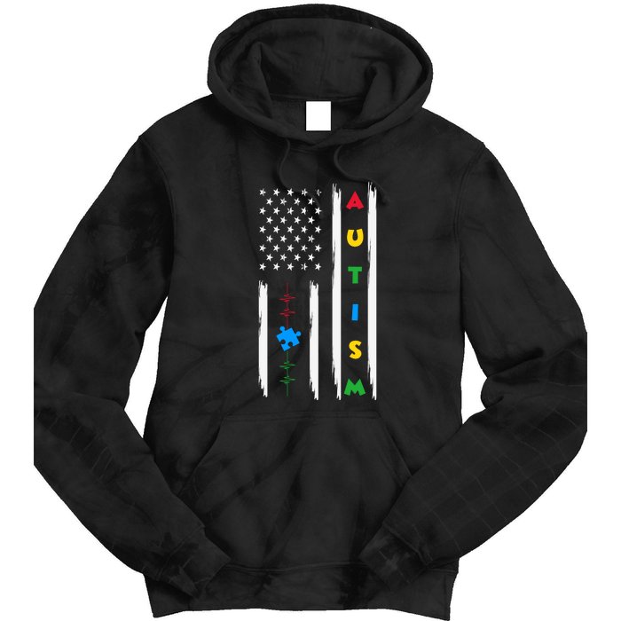 Autism Awareness American Flag Autism Awareness Puzzle Tie Dye Hoodie