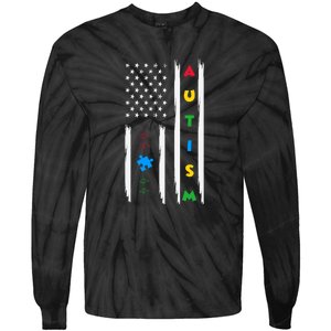 Autism Awareness American Flag Autism Awareness Puzzle Tie-Dye Long Sleeve Shirt