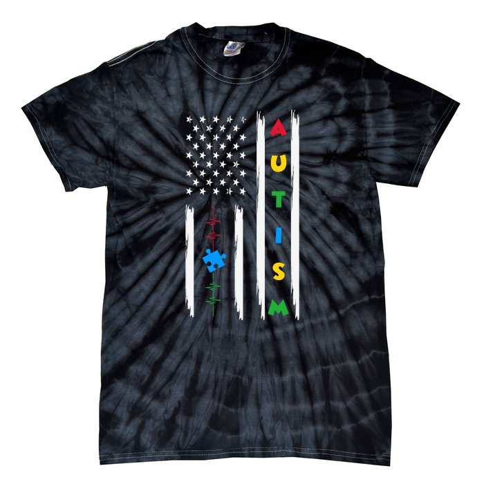 Autism Awareness American Flag Autism Awareness Puzzle Tie-Dye T-Shirt