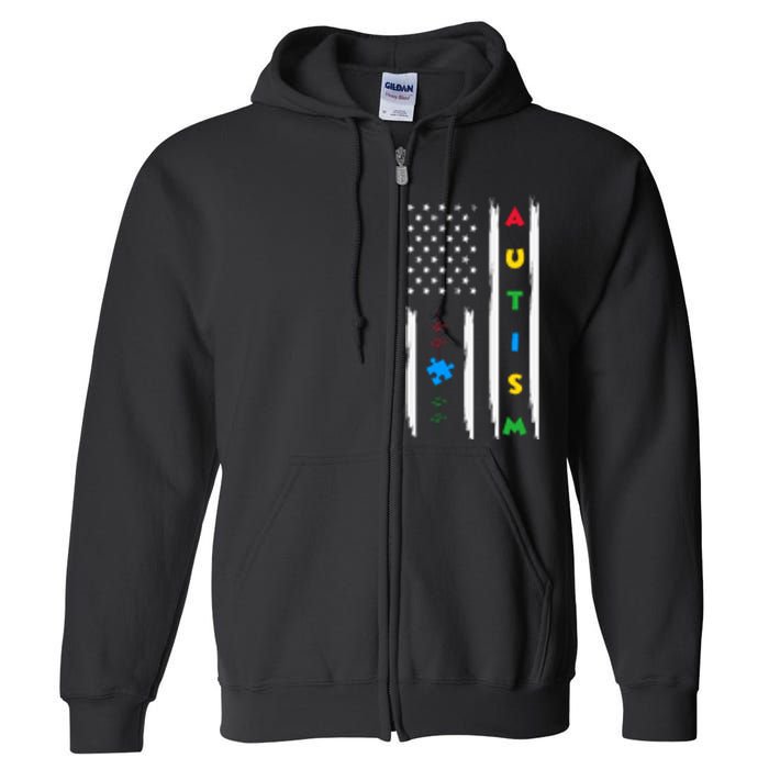 Autism Awareness American Flag Autism Awareness Puzzle Full Zip Hoodie