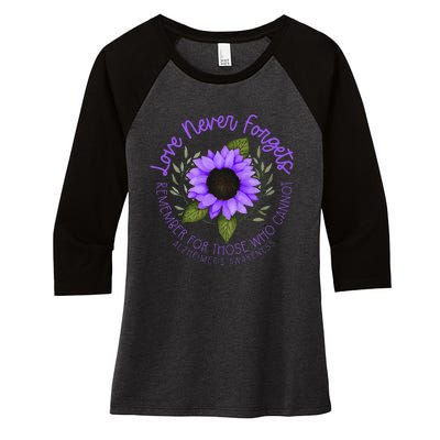 Alzheimer Awareness And Women Purple Sunflower Women's Tri-Blend 3/4-Sleeve Raglan Shirt