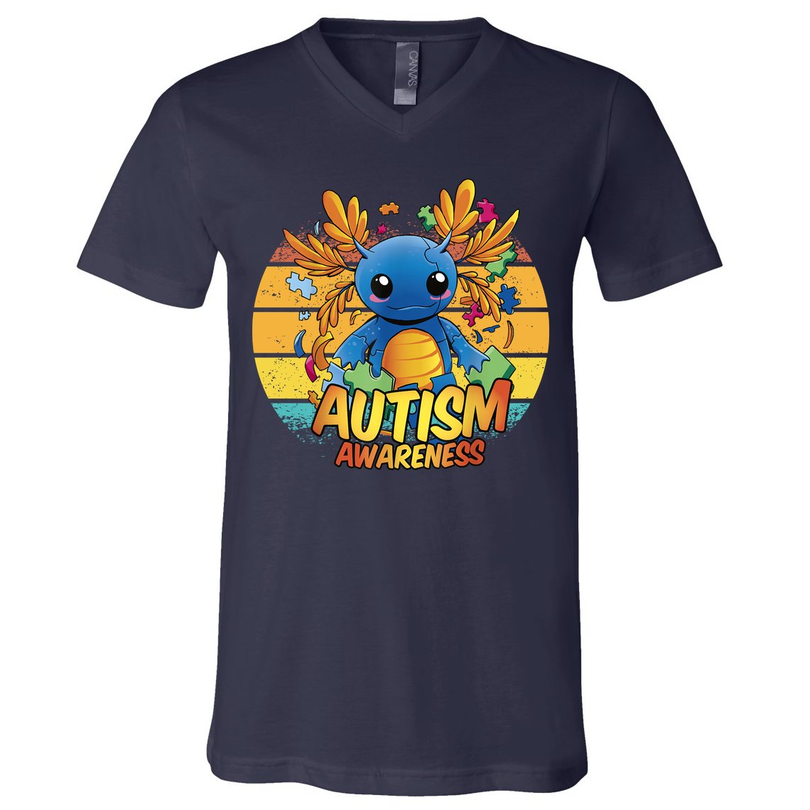 Axolotl Autism Awareness Funny Retro Vintage V-Neck T-Shirt