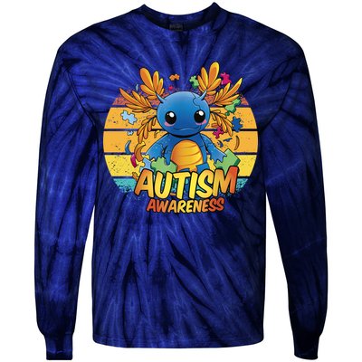 Axolotl Autism Awareness Funny Retro Vintage Tie-Dye Long Sleeve Shirt