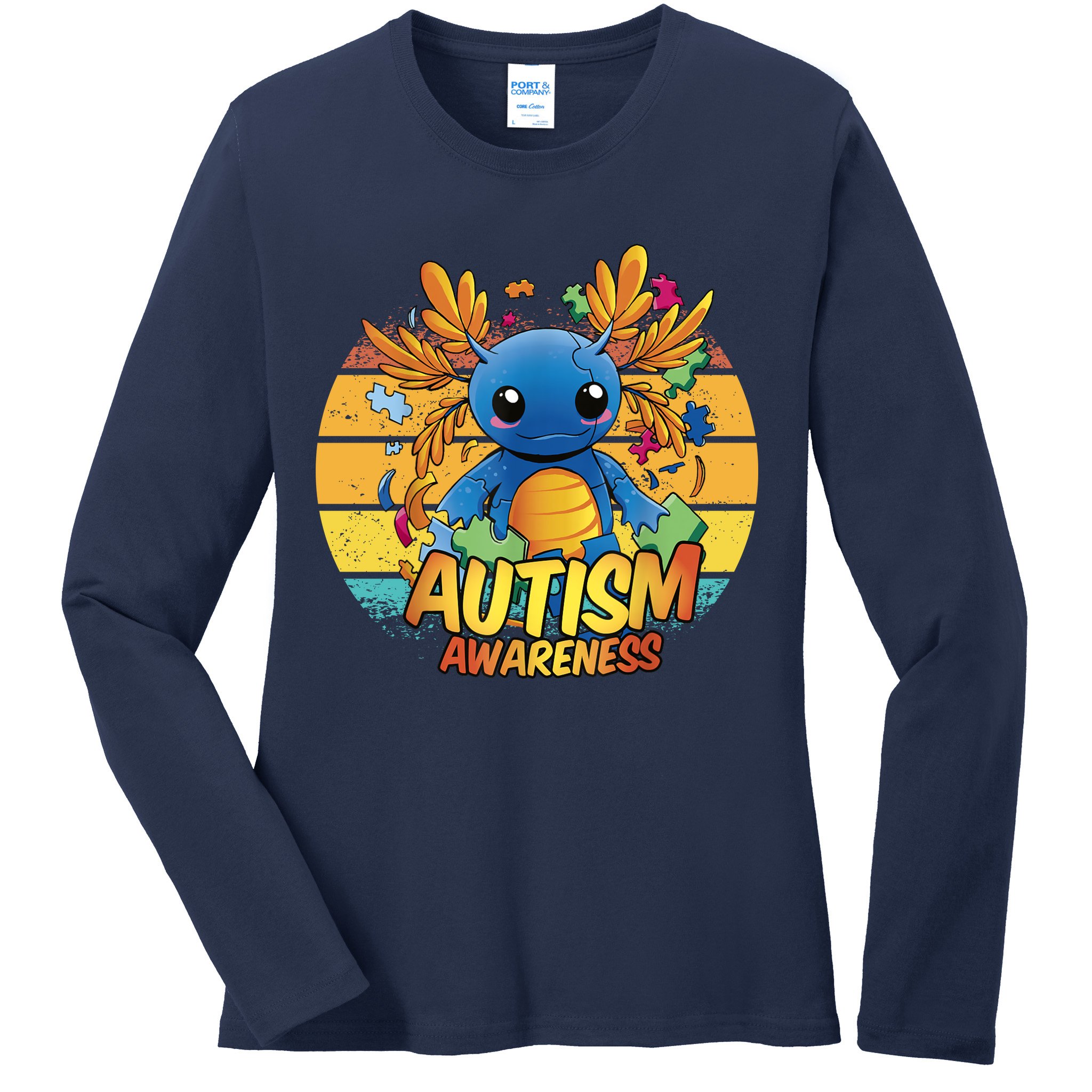 Axolotl Autism Awareness Funny Retro Vintage Ladies Long Sleeve Shirt