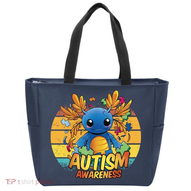 Axolotl Autism Awareness Funny Retro Vintage Zip Tote Bag