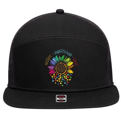 Autism Awareness Accept Understand Love ASD Rainbow Flower 7 Panel Mesh Trucker Snapback Hat