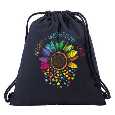 Autism Awareness Accept Understand Love ASD Rainbow Flower Drawstring Bag