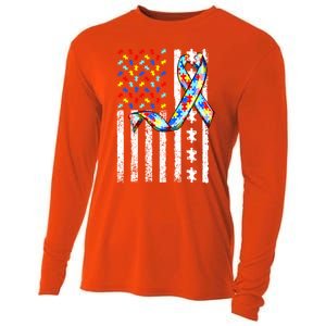 Autism Awareness American Flag Autism Gift Cooling Performance Long Sleeve Crew