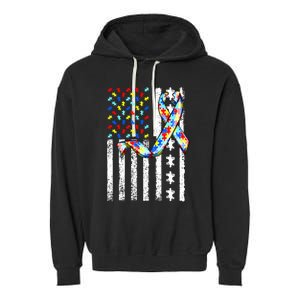 Autism Awareness American Flag Autism Gift Garment-Dyed Fleece Hoodie