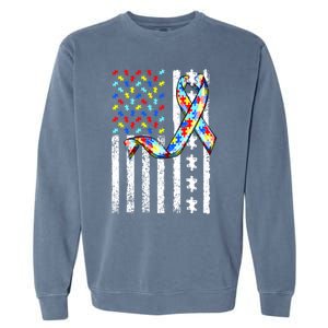 Autism Awareness American Flag Autism Gift Garment-Dyed Sweatshirt