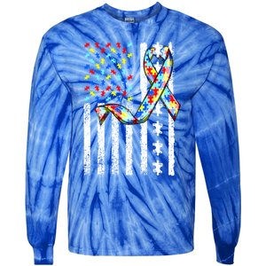 Autism Awareness American Flag Autism Gift Tie-Dye Long Sleeve Shirt