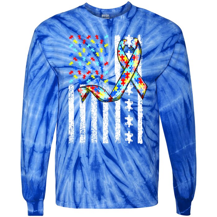 Autism Awareness American Flag Autism Gift Tie-Dye Long Sleeve Shirt