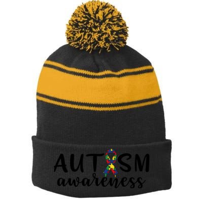 Autism Awareness Stripe Pom Pom Beanie