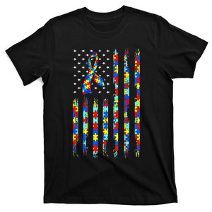 Autism Awareness American Flag Ribbon Puzzle Autism T-Shirt