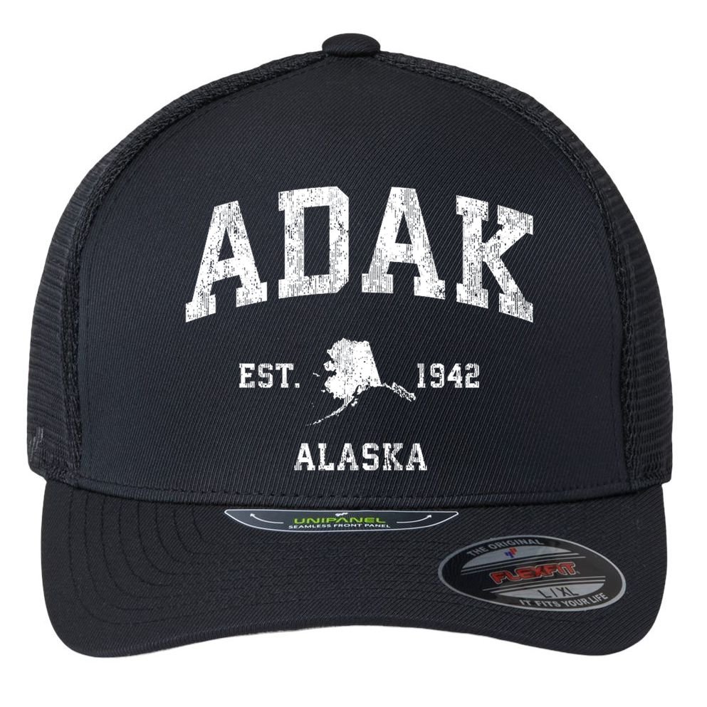 Adak Alaska Ak Vintage Athletic Sports Design Flexfit Unipanel Trucker Cap