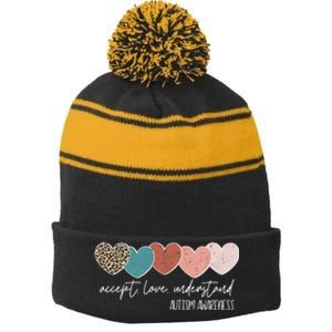 Autism Awareness Accept Love Understand Stripe Pom Pom Beanie