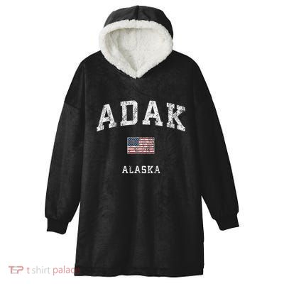 Adak Alaska Ak Vintage American Flag Sports Design Hooded Wearable Blanket