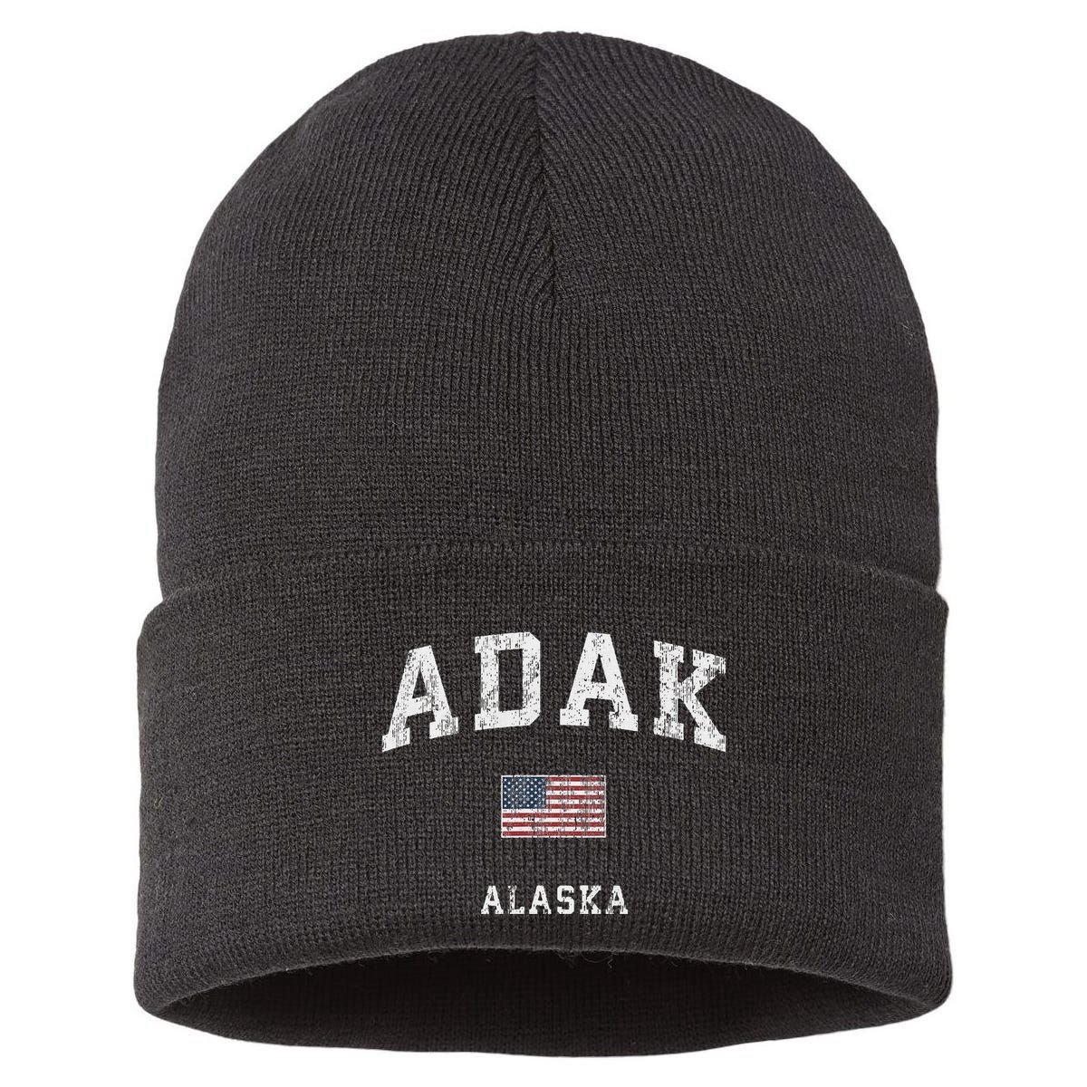 Adak Alaska Ak Vintage American Flag Sports Design Sustainable Knit Beanie