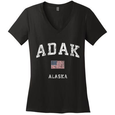 Adak Alaska Ak Vintage American Flag Sports Design Women's V-Neck T-Shirt